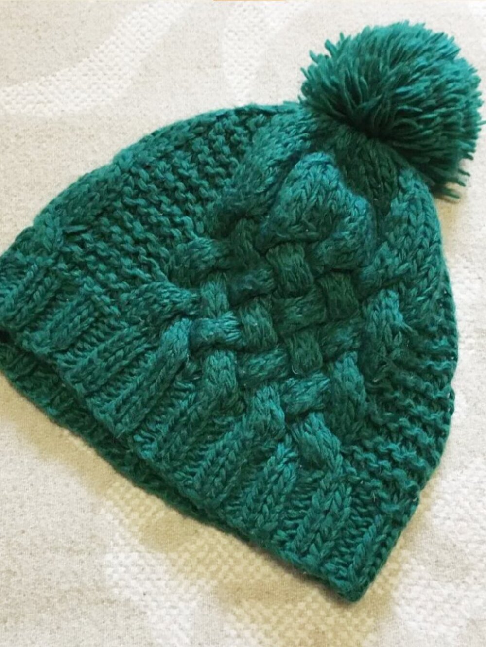 Chunky Loose Knit Turquoise Beanie with Pom Pom Winter Toque OS